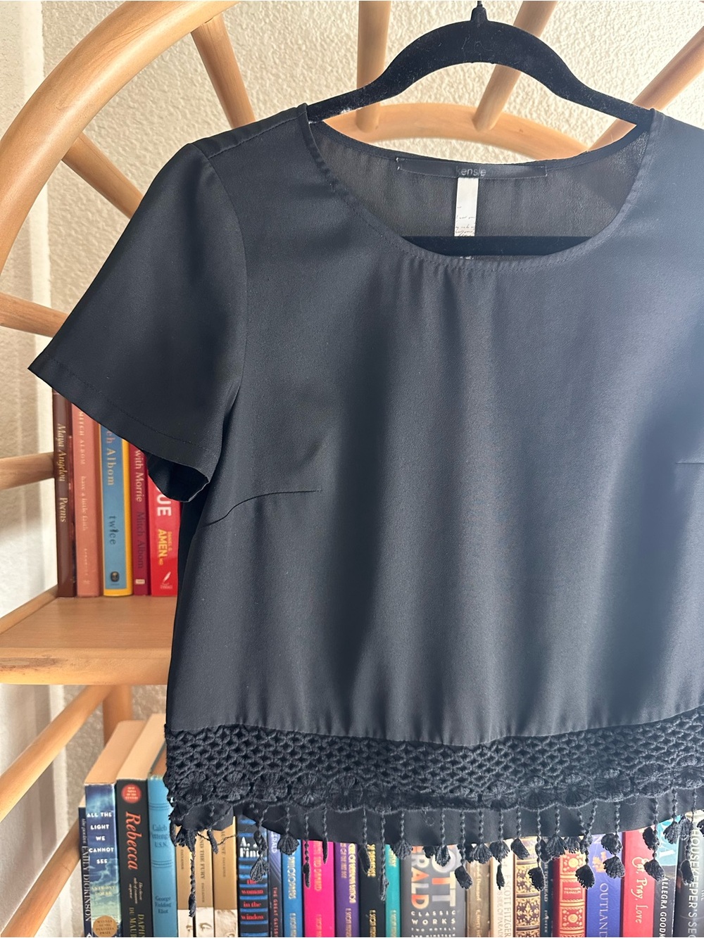 Kensie Black Short-Sleeve Tunic with Crochet Fringe